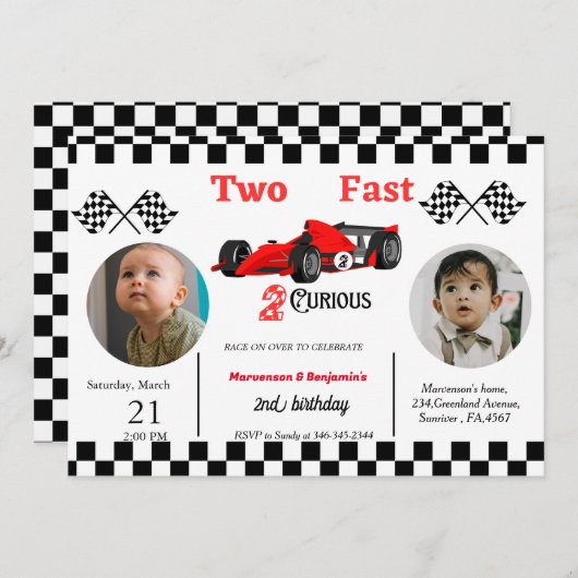 Tweedaagse raceauto's met twee kinderen die snel o kaart (Voorkant / Achterkant)
