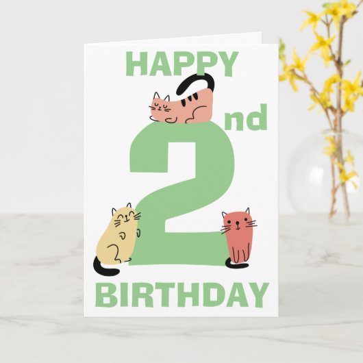 Tweede 2e verjaardag Doodle Cats Custom Bericht Kaart (Gele Bloem)