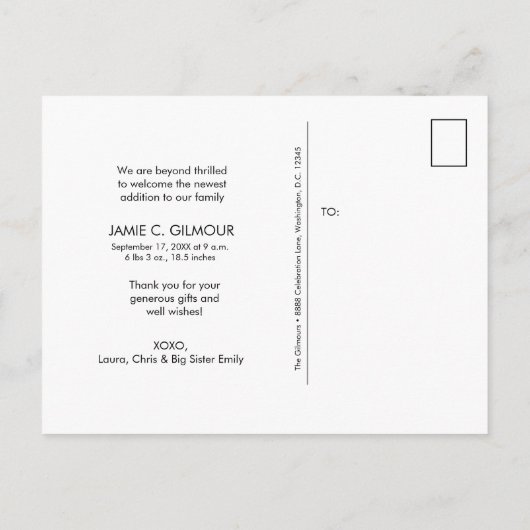 Tweede Baby Aangepaste Foto bedankt voor het scrip Aankondigingskaart (Achterkant)