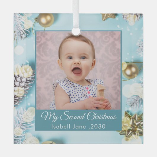 Tweede Kerst Aangepaste Familie Foto Tekst blauw Glas Ornament (Voorkant)