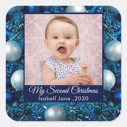 Tweede Kerst Aangepaste Familie Foto Tekst blauw Vierkante Sticker (Voorkant)