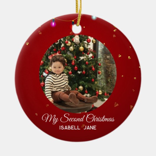 Tweede kerstmis aangepaste gezinsfoto tekst sjablo keramisch ornament (Voorkant)