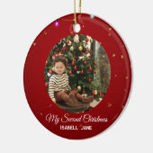 Tweede kerstmis aangepaste gezinsfoto tekst sjablo keramisch ornament (Links)