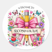 Tweede klas welkom retro potlood ronde sticker (Voorkant)