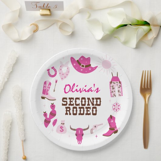 Tweede Rodeo Roze Western Cowboy 2e Verjaardag Papieren Bordje (Huwelijk)