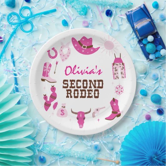 Tweede Rodeo Roze Western Cowboy 2e Verjaardag Papieren Bordje (Feest)