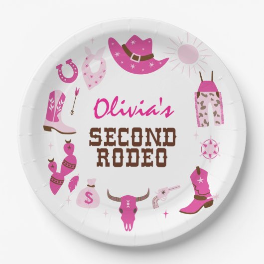 Tweede Rodeo Roze Western Cowboy 2e Verjaardag Papieren Bordje (Voorkant)
