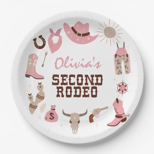 Tweede Rodeo Roze Western Cowboy 2e Verjaardag Papieren Bordje (Voorkant)