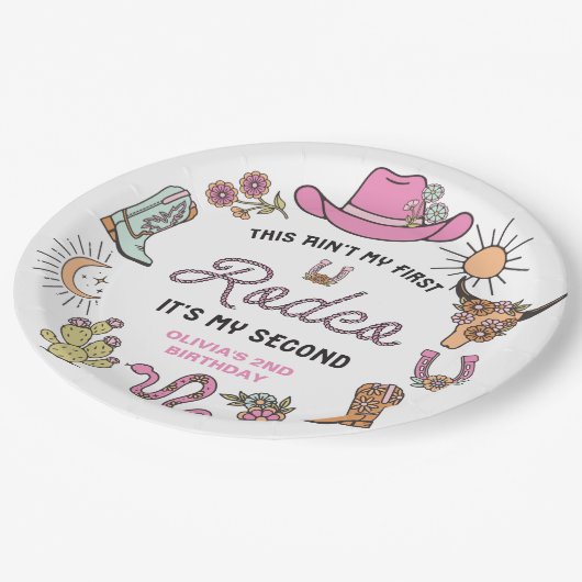 Tweede Rodeo Roze Western Cowboy 2e Verjaardag Papieren Bordje (Gekanteld)