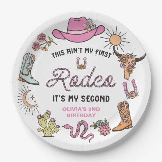 Tweede Rodeo Roze Western Cowboy 2e Verjaardag Papieren Bordje (Voorkant)