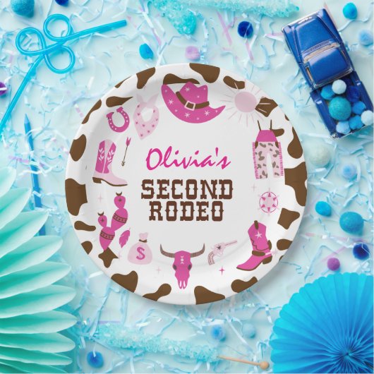 Tweede Rodeo Roze Western Cowboy 2e Verjaardag Papieren Bordje (Feest)