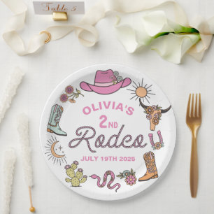 Tweede Rodeo Roze Western Cowboy 2e Verjaardag Papieren Bordje