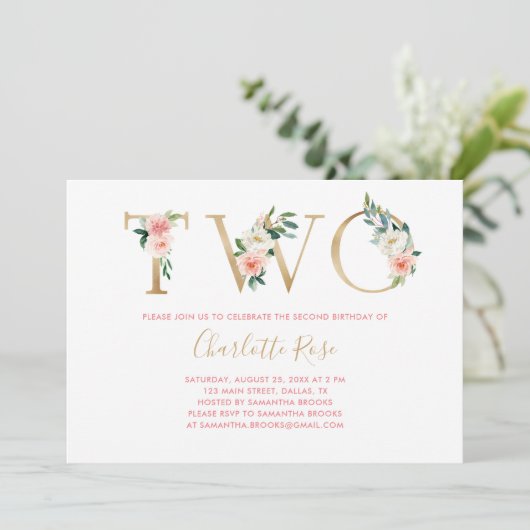 Tweede uitnodiging voor een roze en goudbloem (Staand voorkant)