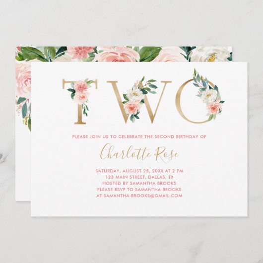 Tweede uitnodiging voor een roze en goudbloem (Voorkant / Achterkant)