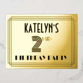 Tweede verjaardag ~ Art Deco Style "2" + Naam Folie Uitnodiging Briefkaart