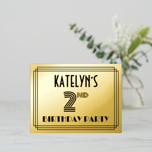Tweede verjaardag ~ Art Deco Style "2" + Naam Folie Uitnodiging Briefkaart (Staand Voorkant)