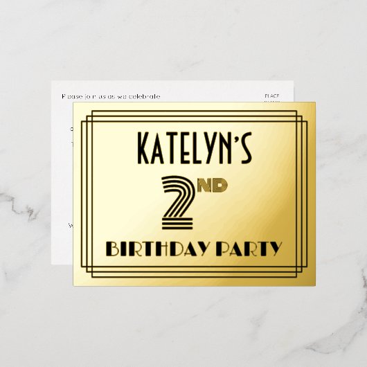 Tweede verjaardag ~ Art Deco Style "2" + Naam Folie Uitnodiging Briefkaart (Voorkant / Achterkant)