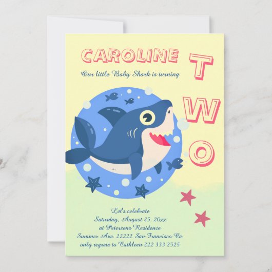 Tweede verjaardag baby haai onder het zee geel kaart (Voorkant)