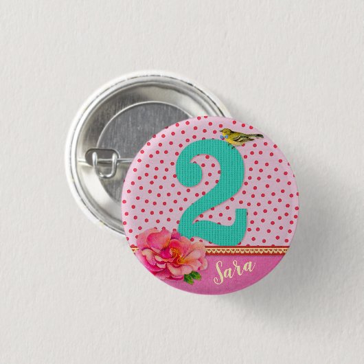 Tweede verjaardag  bloem ronde button 3,2 cm (Voorkant /achterkant)
