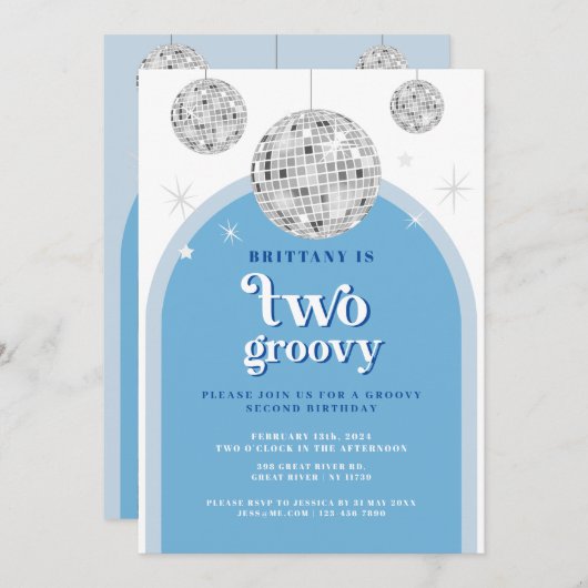 Tweede verjaardag Blue Navy Retro Disco Arch Kaart (Voorkant / Achterkant)