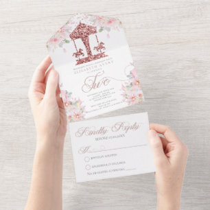 Tweede verjaardag Carrousel Floral Glitter All In One Uitnodiging