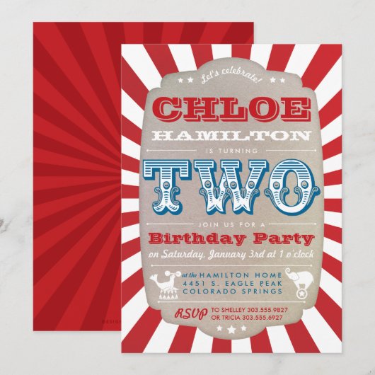 Tweede verjaardag Circus Carnaval Party Uitnodigin Kaart (Voorkant / Achterkant)