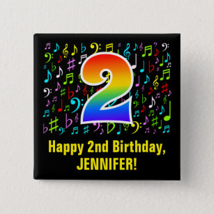 Tweede verjaardag: Colorful Music Symbols, Regenbo Vierkante Button 5,1 Cm