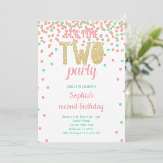 Tweede verjaardag Confetti Blauwgroen Roze Kaart (Staand voorkant)