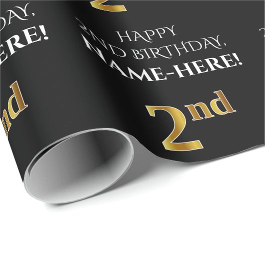 Tweede verjaardag: Elegant, zwart, Faux Gold look Cadeaupapier (Rol Hoek)