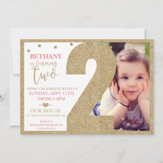 Tweede verjaardag Gold Glitter & Roze uitnodiging (Voorkant)