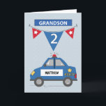 Tweede verjaardag Grandson Custom Name Blue Police Kaart<br><div class="desc">Een blauwe politieauto is op weg haastend om verjaardagsgroeten aan uw kleinzoon op zijn 2e verjaardag te brengen! Personaliseer met zijn naam op de politieauto voor een persoonlijk tintje! Zachte blauwe achtergrond heeft subtiele sterren, en een wimpel met vlaggen hangt met de nummer twee. Het woord kleinzoon staat boven de...</div>