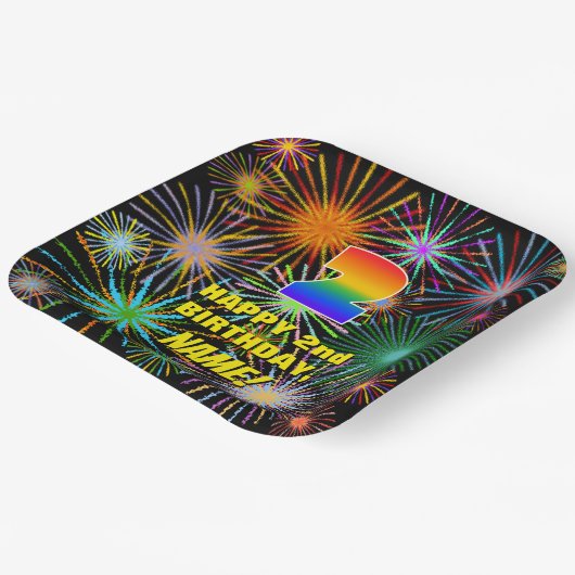 Tweede verjaardag: kleurrijk, gevierd vuurwerk papieren bordje (Gebogen)