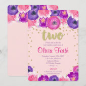 Tweede verjaardag, meisje, roze paars goud kaart (Voorkant / Achterkant)