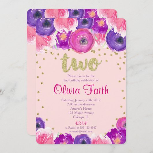 Tweede verjaardag, meisje, roze paars goud kaart (Voorkant / Achterkant)