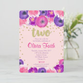 Tweede verjaardag, meisje, roze paars goud kaart (Staand voorkant)