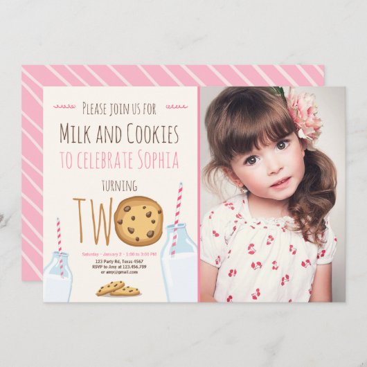 Tweede verjaardag melk en koekjes meisje kaart (Voorkant / Achterkant)