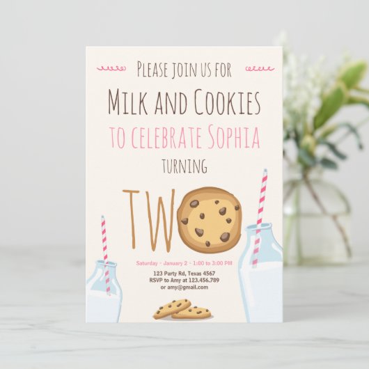 Tweede verjaardag melk en koekjes meisje kaart (Staand voorkant)