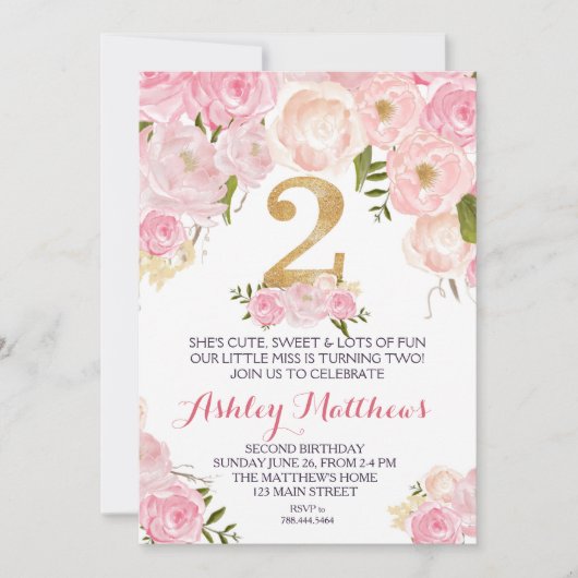 Tweede verjaardag: Mooie Florale Uitnodiging, Kaart (Voorkant)