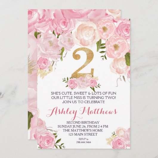 Tweede verjaardag: Mooie Florale Uitnodiging, Kaart (Voorkant / Achterkant)