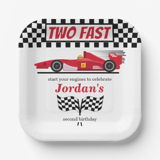 Tweede verjaardag rode race auto twee snel papieren bordje (Voorkant)