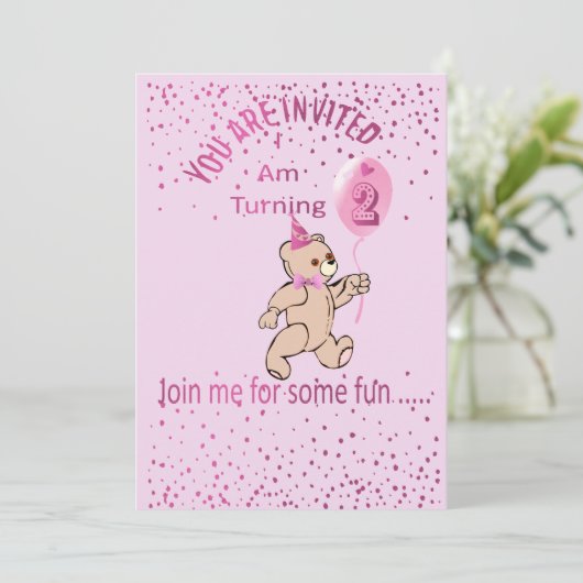 Tweede verjaardag Roze uitnodiging (Staand voorkant)