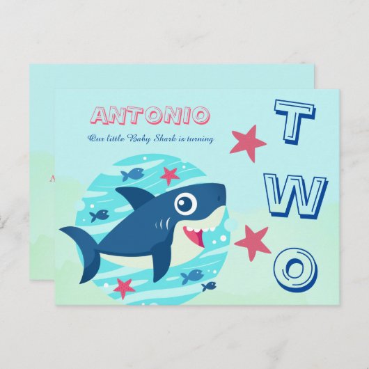 Tweede verjaardag schattige baby haai onder het ze uitnodiging briefkaart (Voorkant / Achterkant)