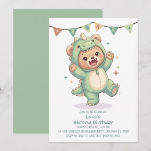 Tweede verjaardag Teddybeer Dinosaurus Feestje Kaart