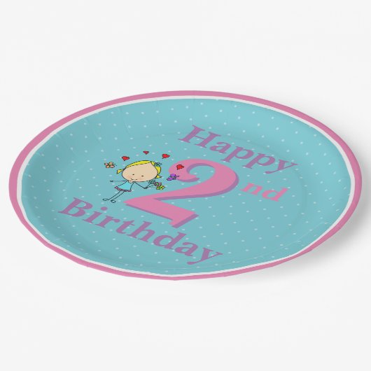 Tweede verjaardag, tweejarig meisje papieren bordje (Gekanteld)