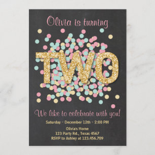 Tweede verjaardag uitnodiging Girl Pink Gold Mint