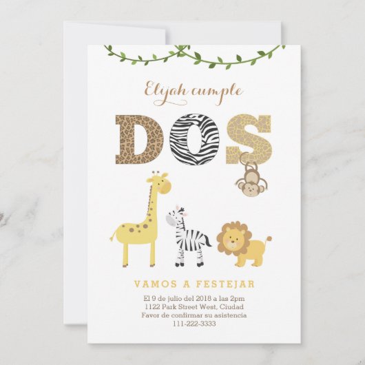 Tweede verjaardag uitnodiging in het Spaans, Safar (Voorkant)