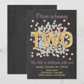 Tweede verjaardag uitnodiging meisje roze gouden m (Voorkant / Achterkant)