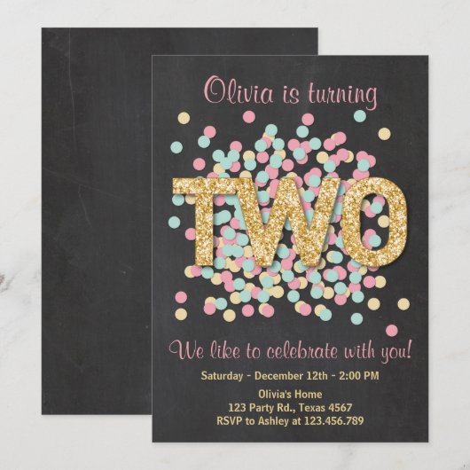 Tweede verjaardag uitnodiging meisje roze gouden m (Voorkant / Achterkant)