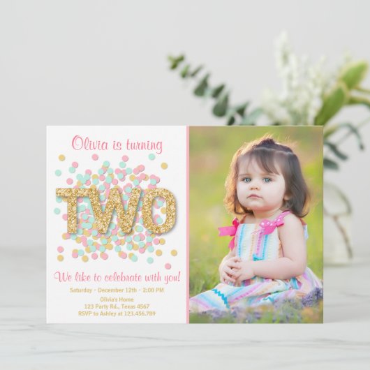 Tweede verjaardag uitnodiging meisje roze gouden m (Staand voorkant)