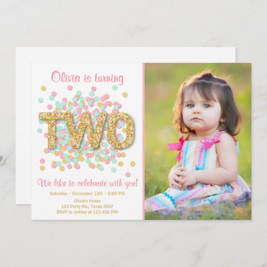 Tweede verjaardag uitnodiging meisje roze gouden m (Voorkant / Achterkant)